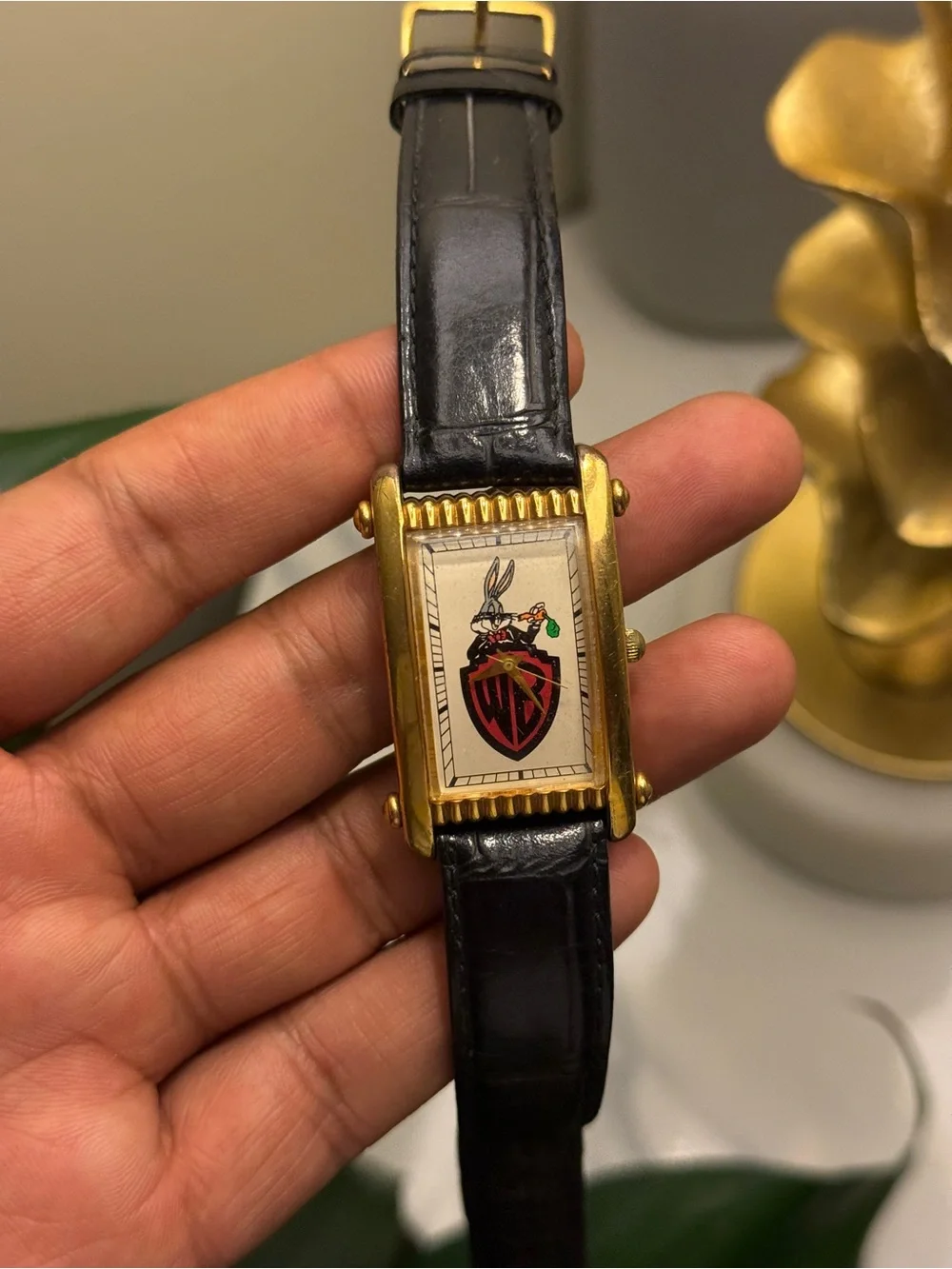 Warner Bros Vintage 1990s. Bugs Bunny Gold Tank Watch, black leather strap rare